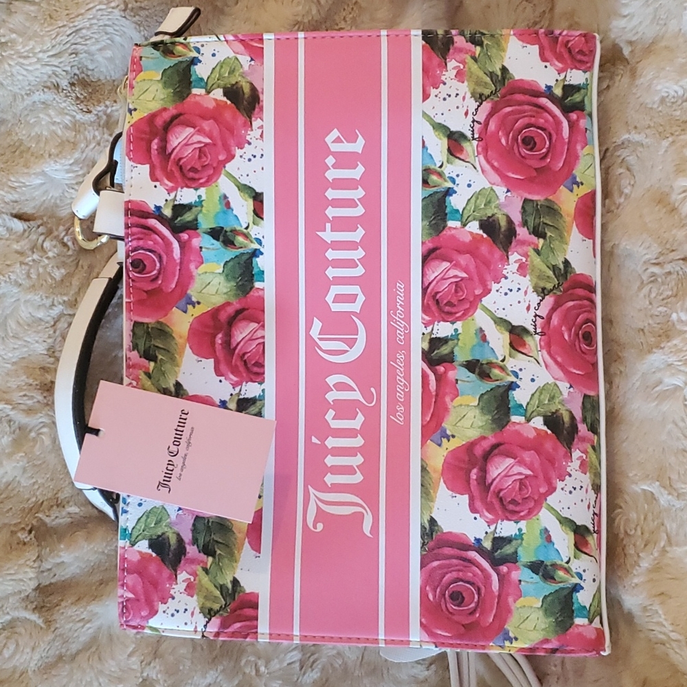 Juicy Couture Billboard Satchel Tote With Detachable Strap White Multi Rose NWT